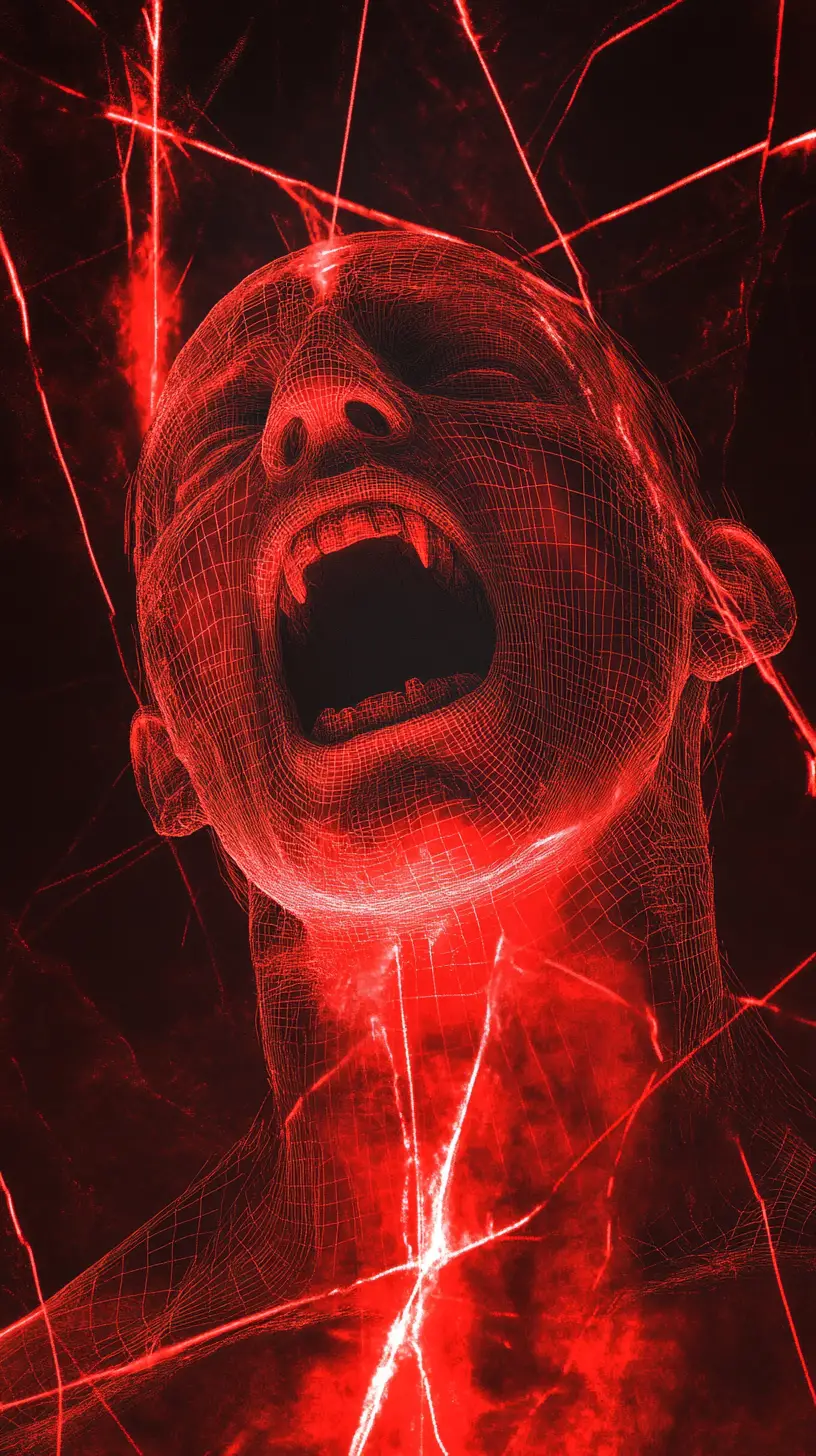 Demonic vampire face trapped inside red glowing light beam