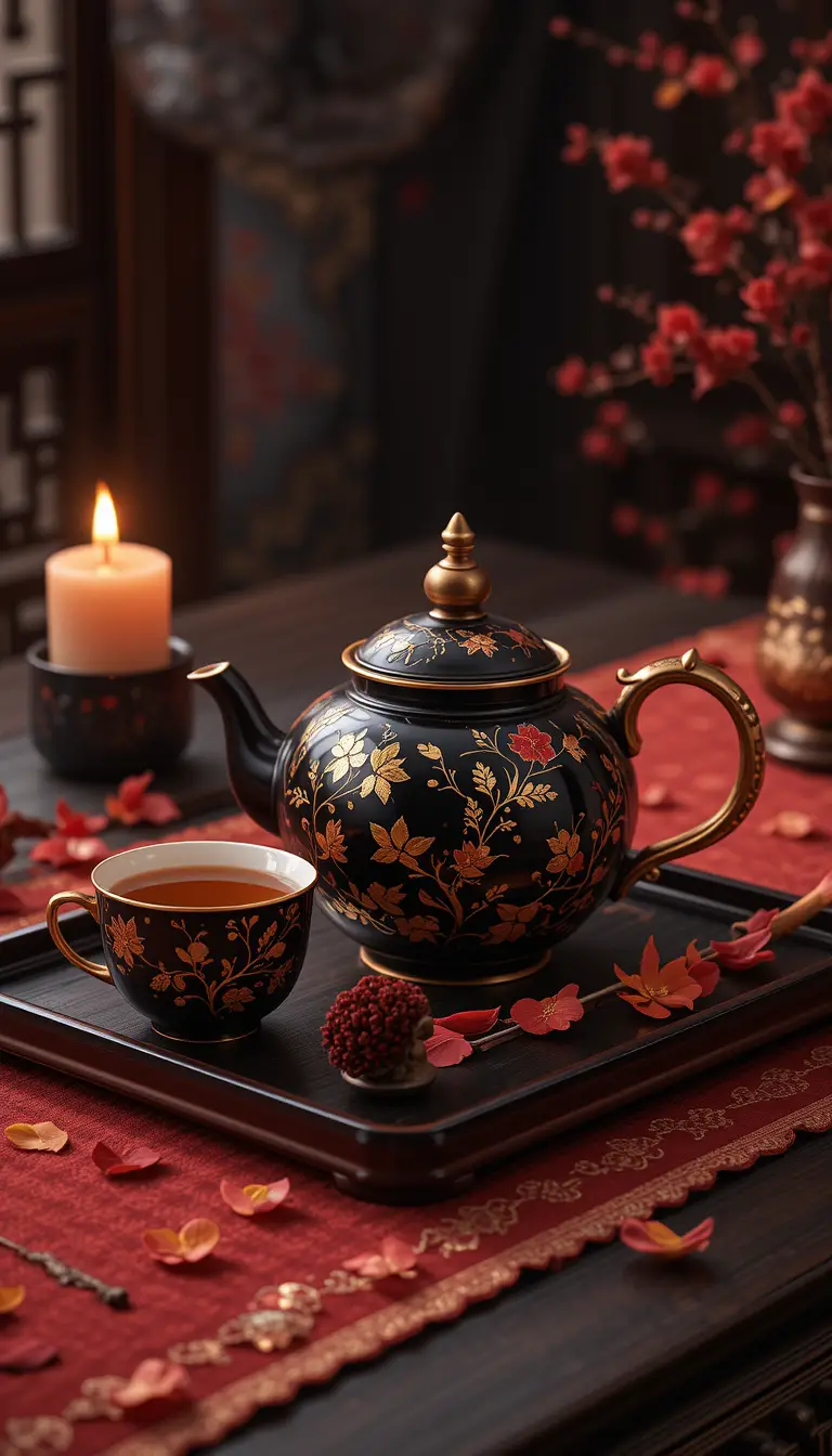 Elegant chinese tea set in candlelit tearoom