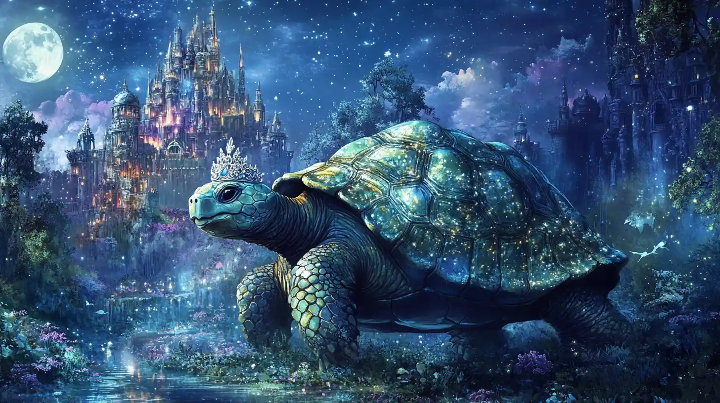Majestic turtle princess walking through a mystical forest