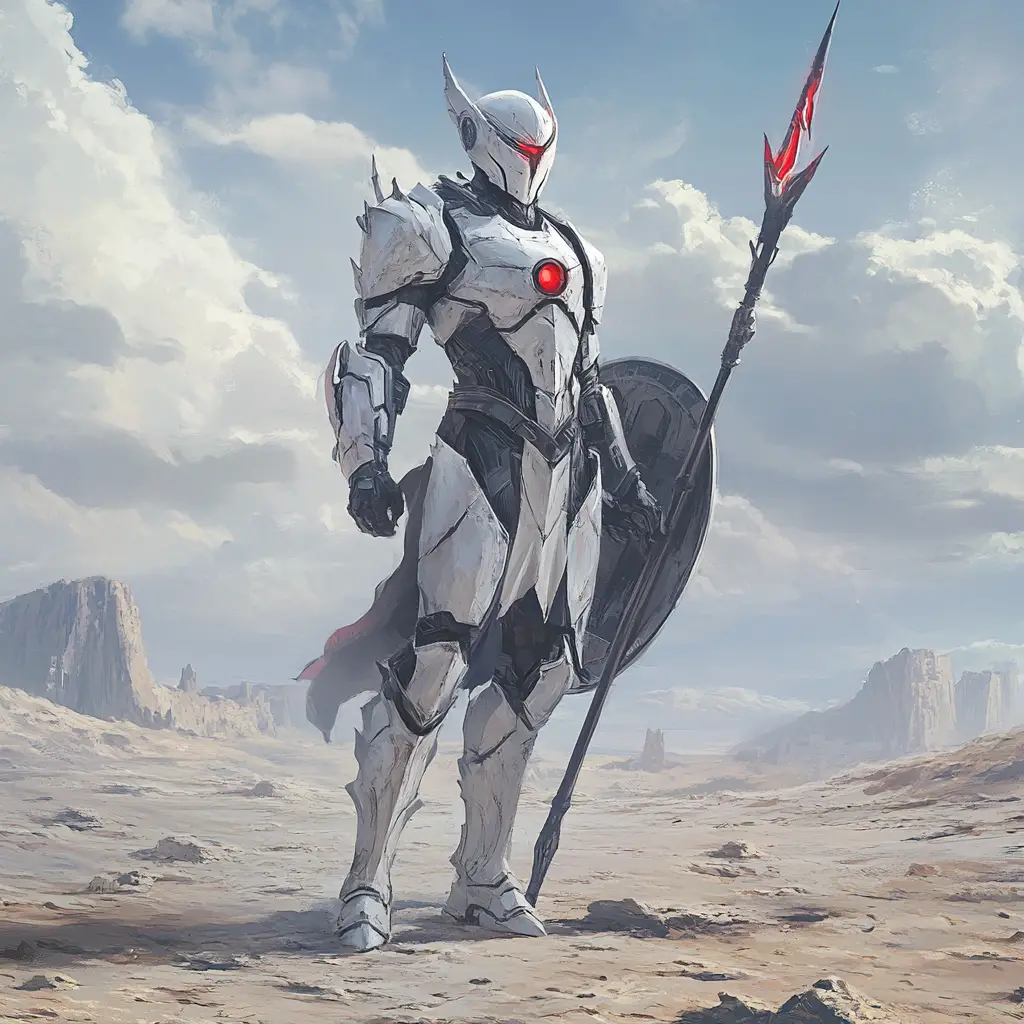 Futuristic armored knight standing in a rocky wasteland