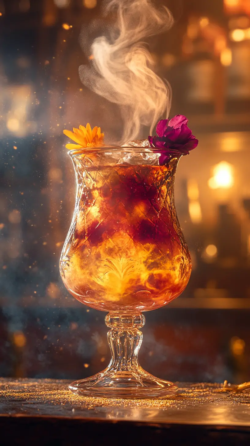 Dramatic close up of a steaming alchemist style cocktail