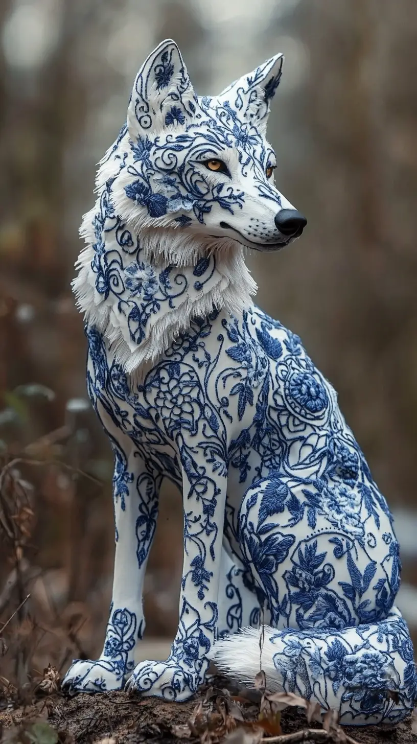 Himalayan wolf in embroidered form drinking in nature