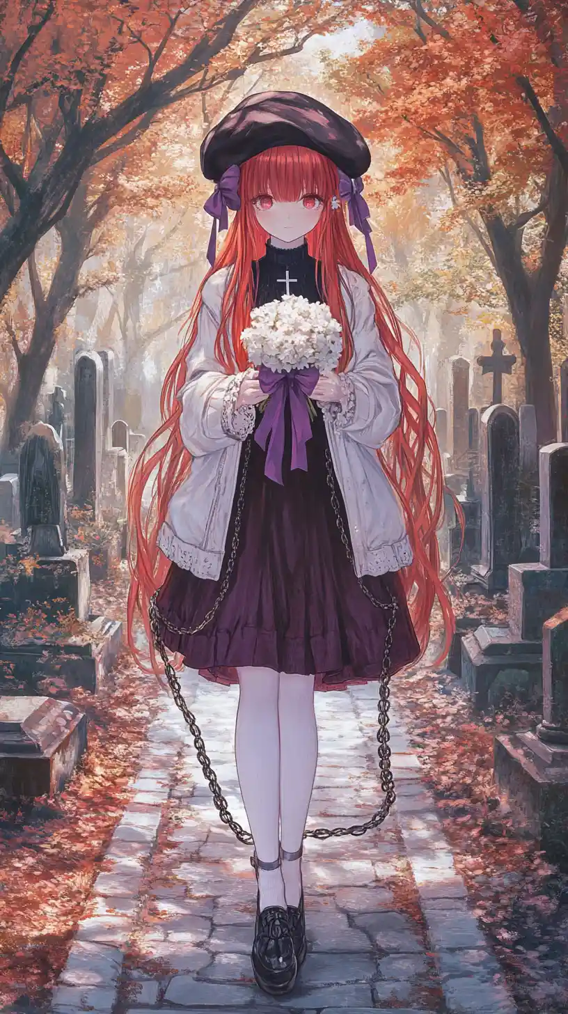 Ragazza anime che cammina lungo un sentiero del cimitero in autunno