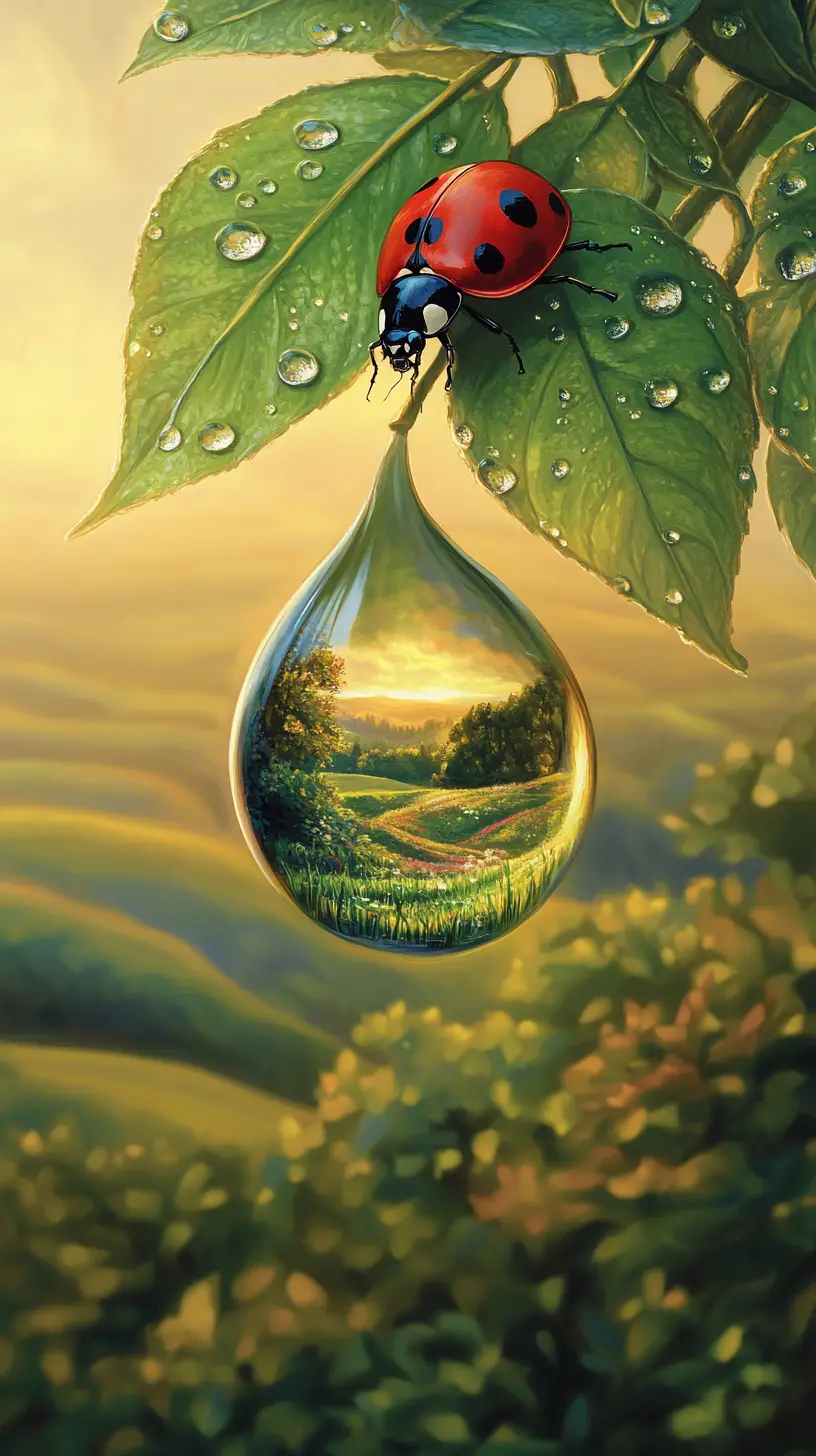 Macro ladybug on dewy leaf with reflected tiny landscape