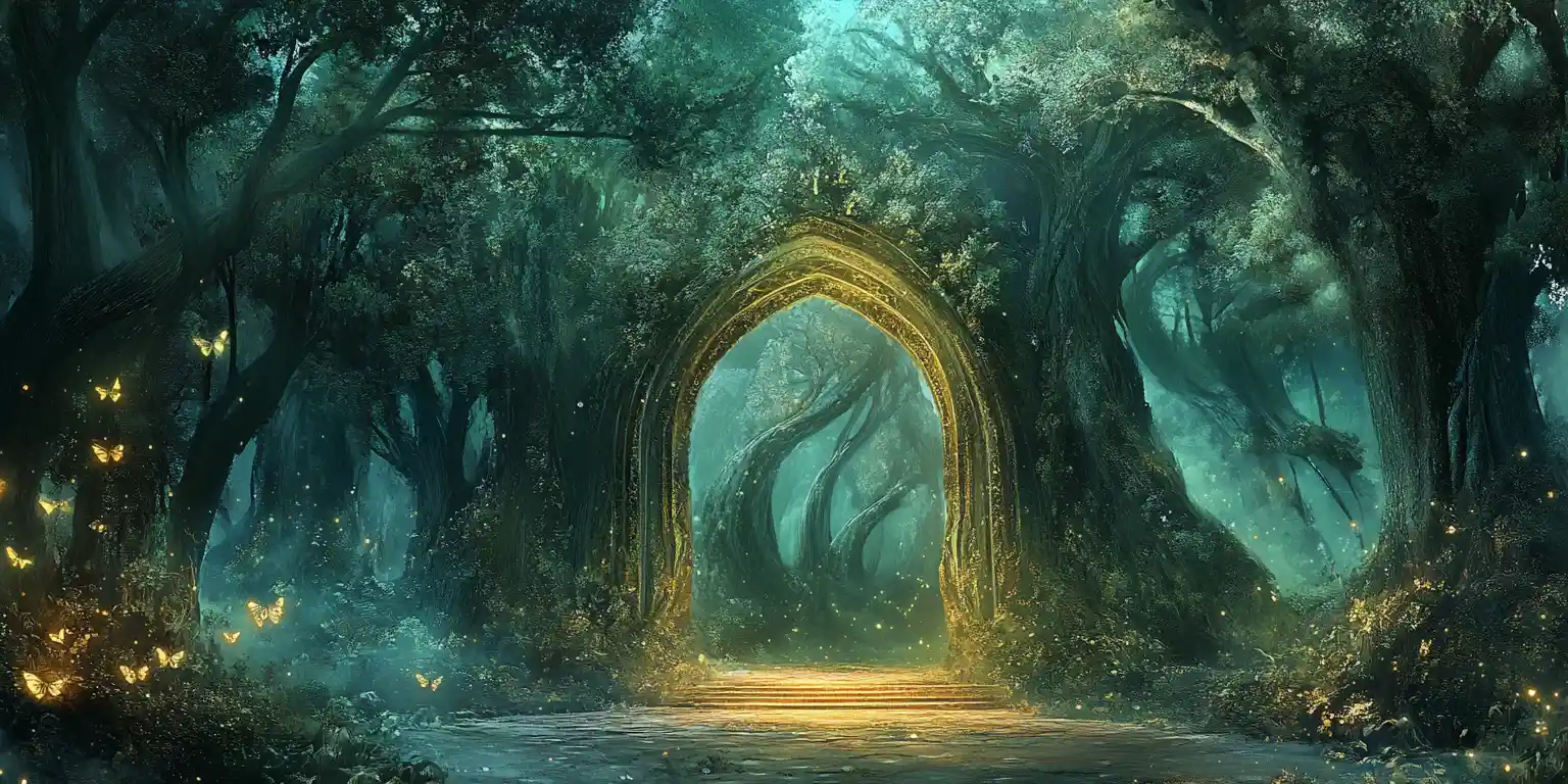 Gigantic fantasy archway opening into another swirling world