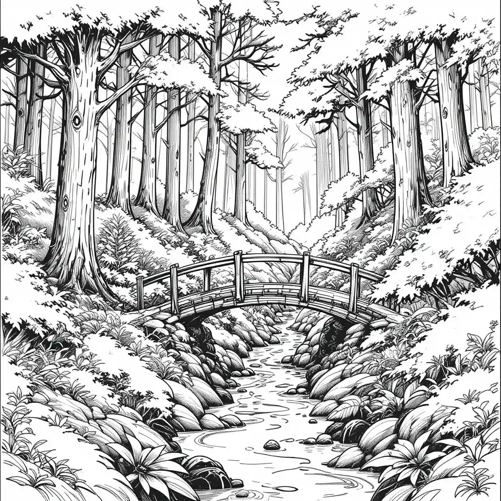 Peaceful forest bridge over a winding woodland stream