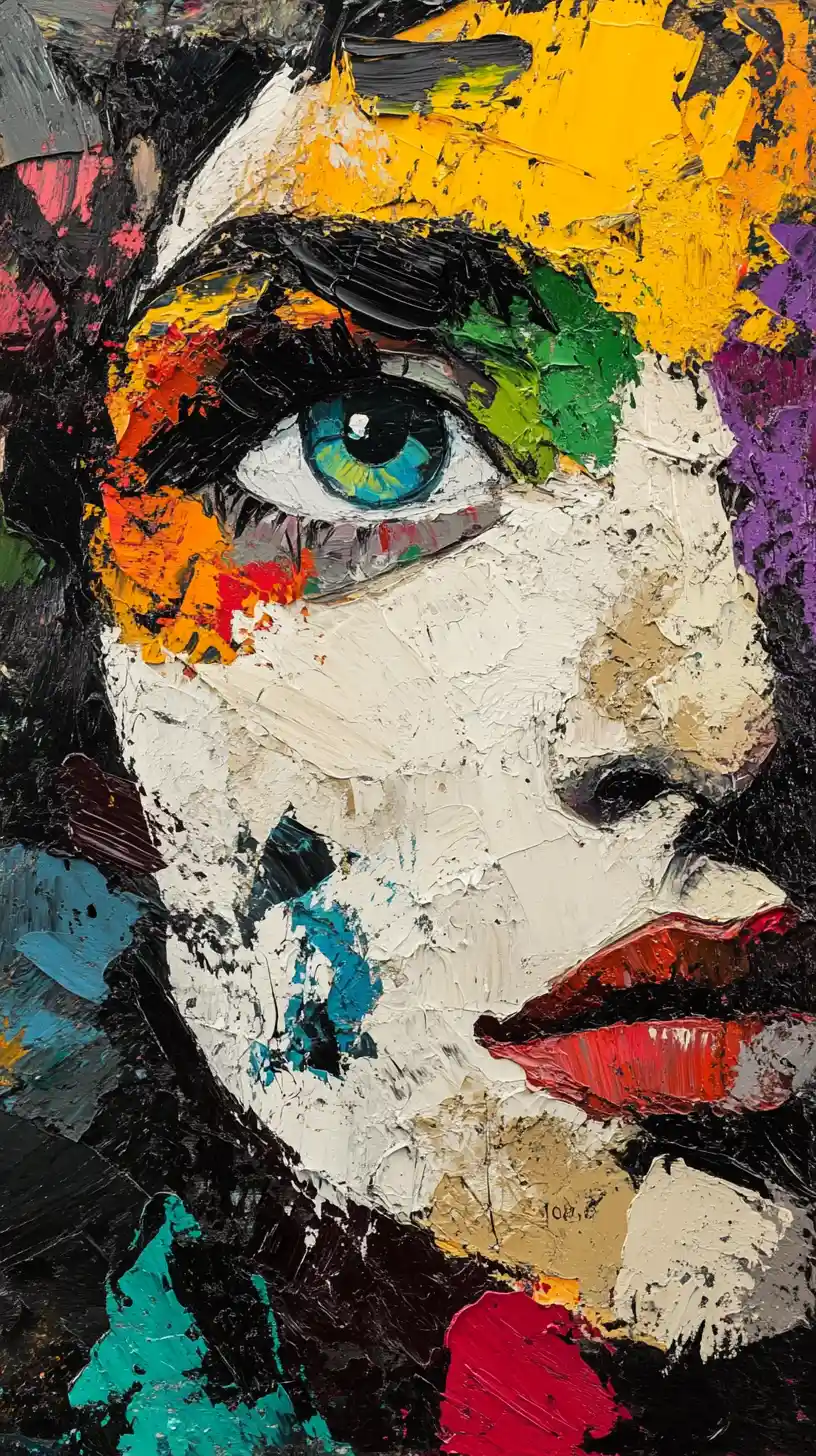 Woman in expressive impasto brushstrokes of clashing color