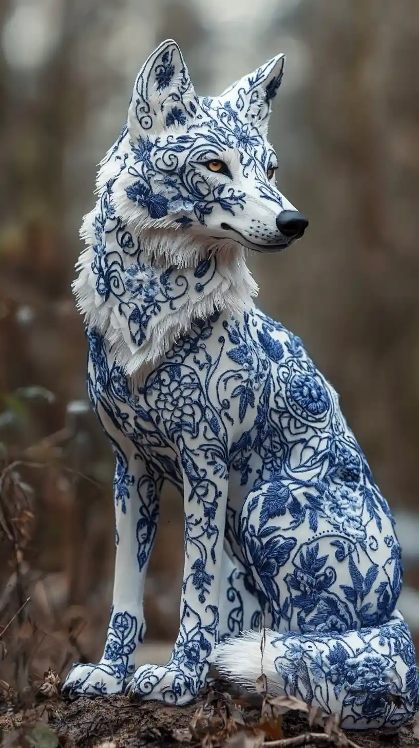Himalayan wolf in embroidered form drinking in nature
