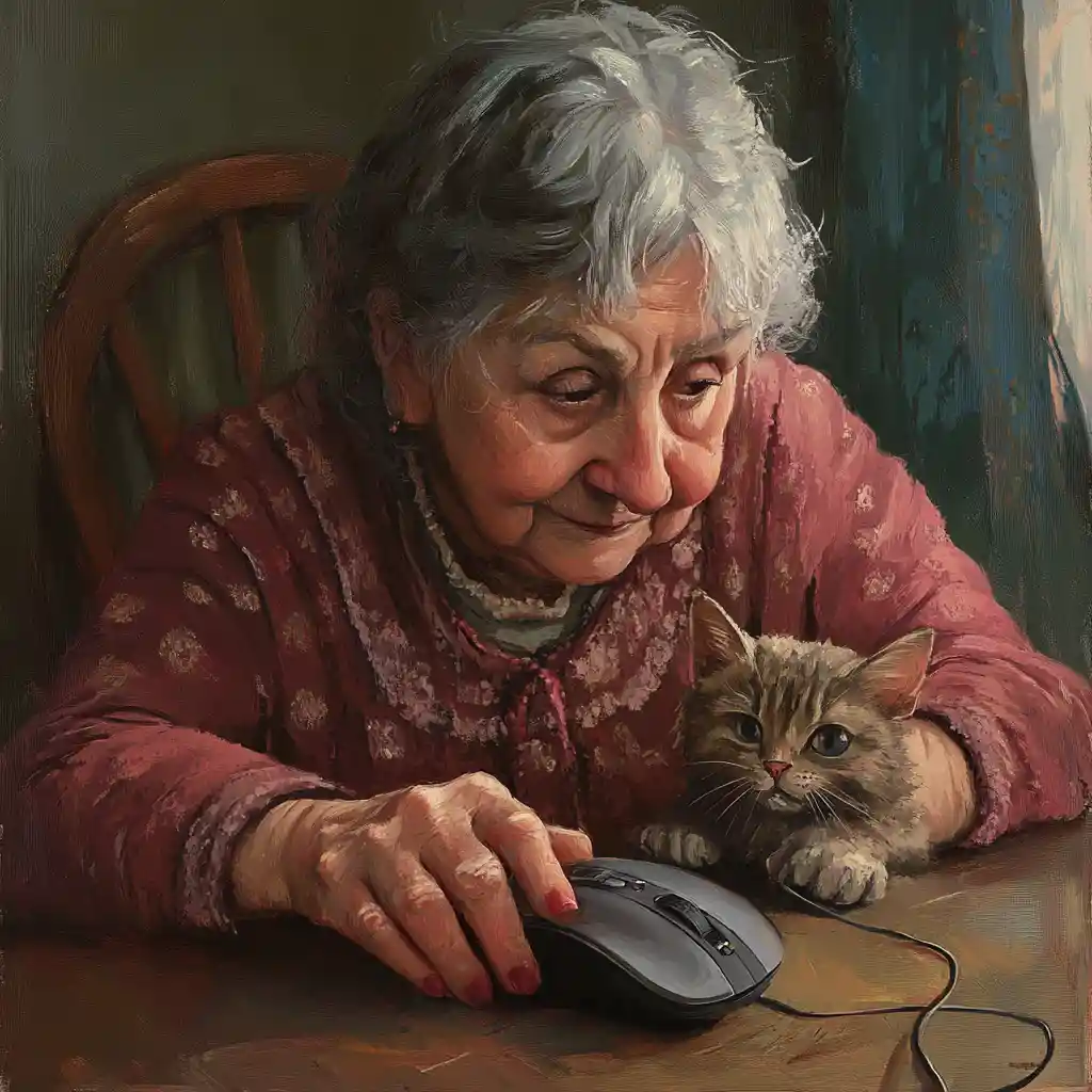 Small mouse next to an unseen auntie character