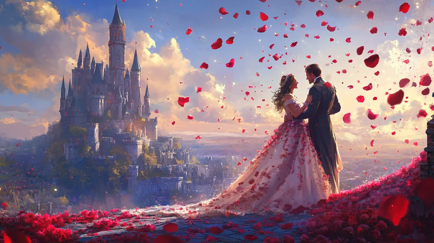 Royal wedding couple standing before a grand castle