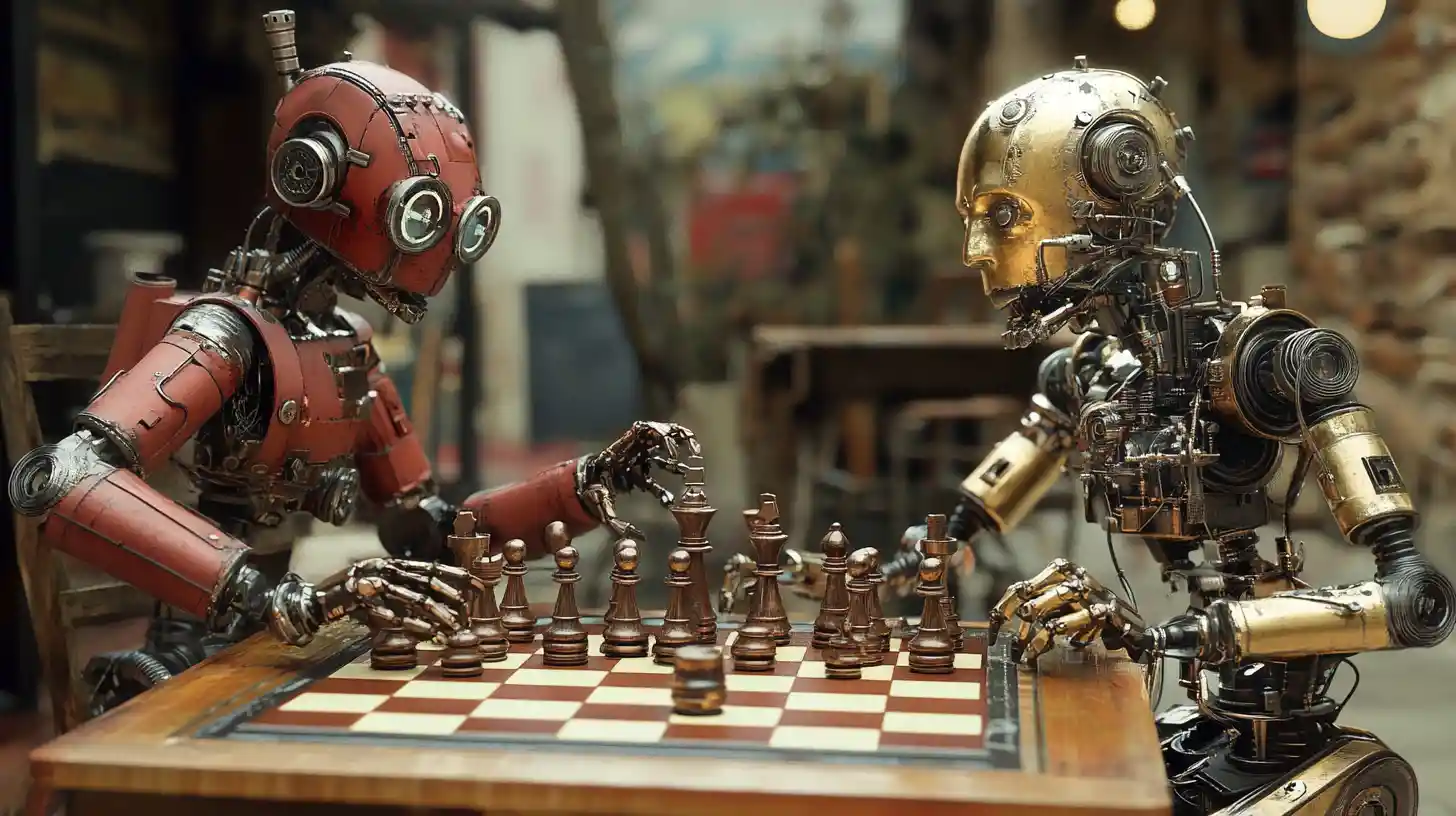 Zwei Steampunk-Roboter, die in einem Slum Schach spielen