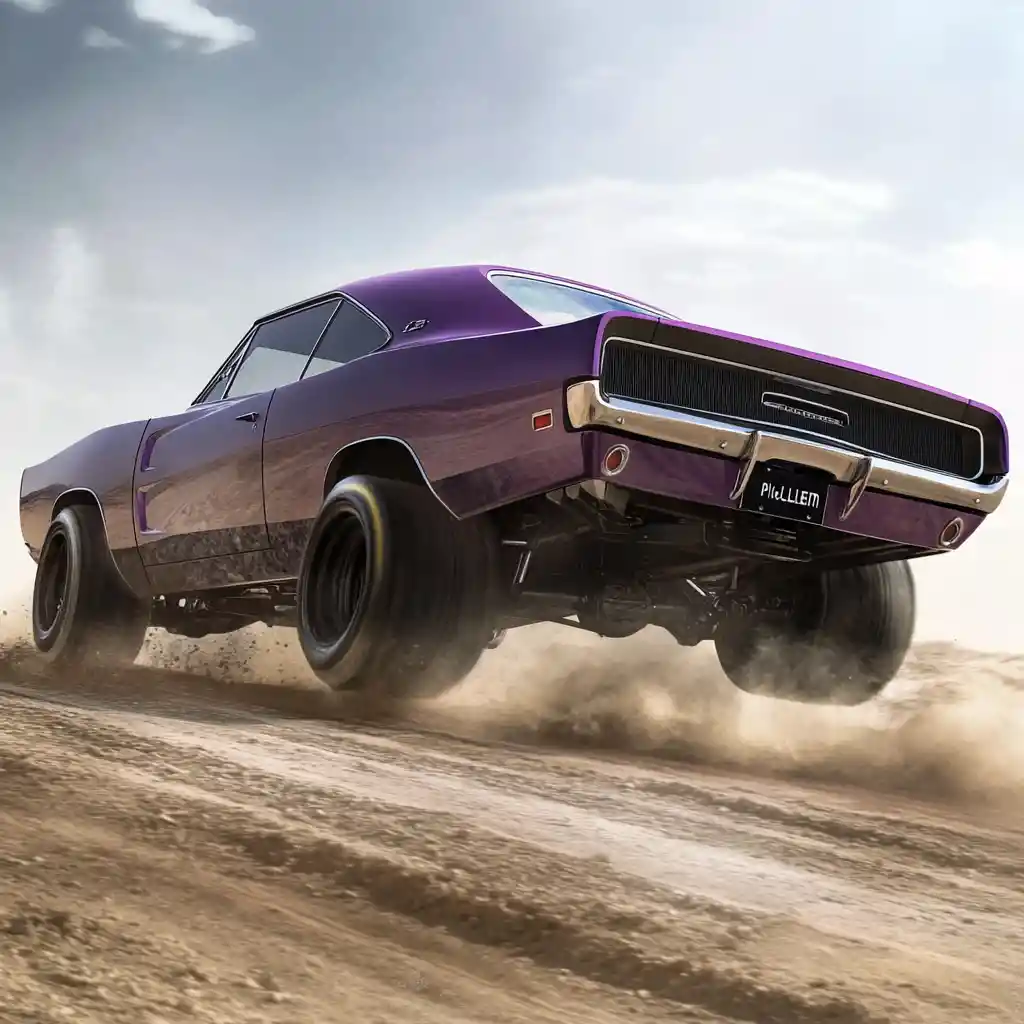 Purple muscle car racing fast along a dusty dirt road