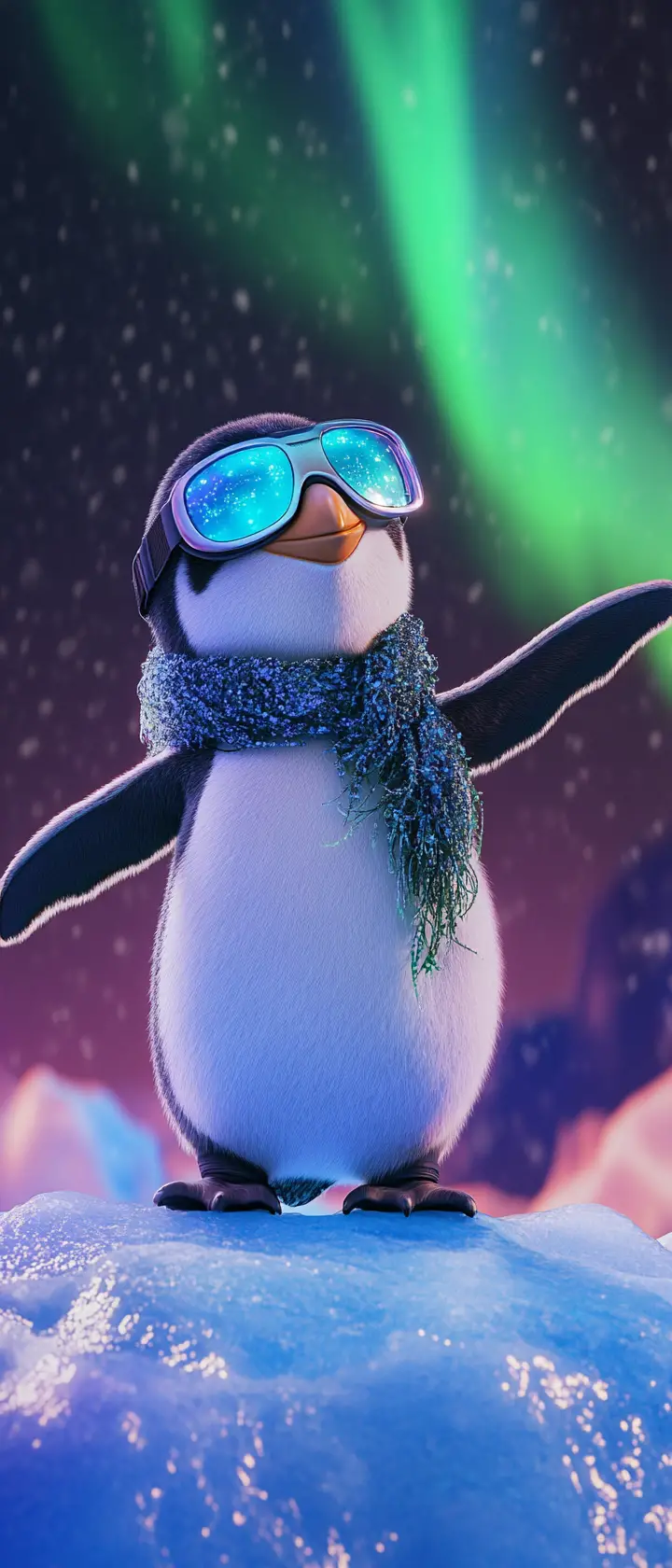 Cartoon penguin dancing on an iceberg under bright aurora