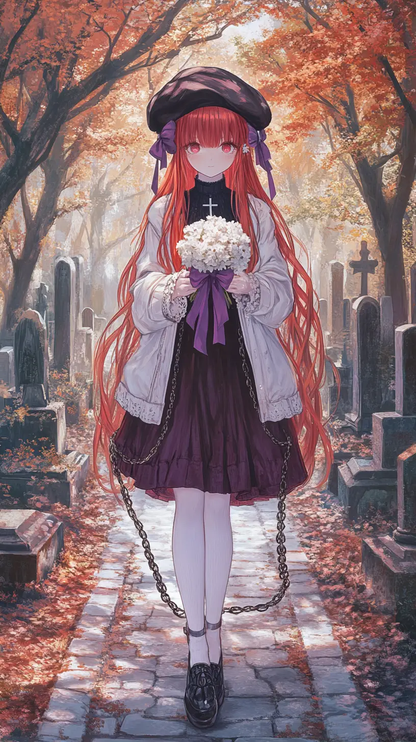 Anime girl walking through an autumn cemetery path