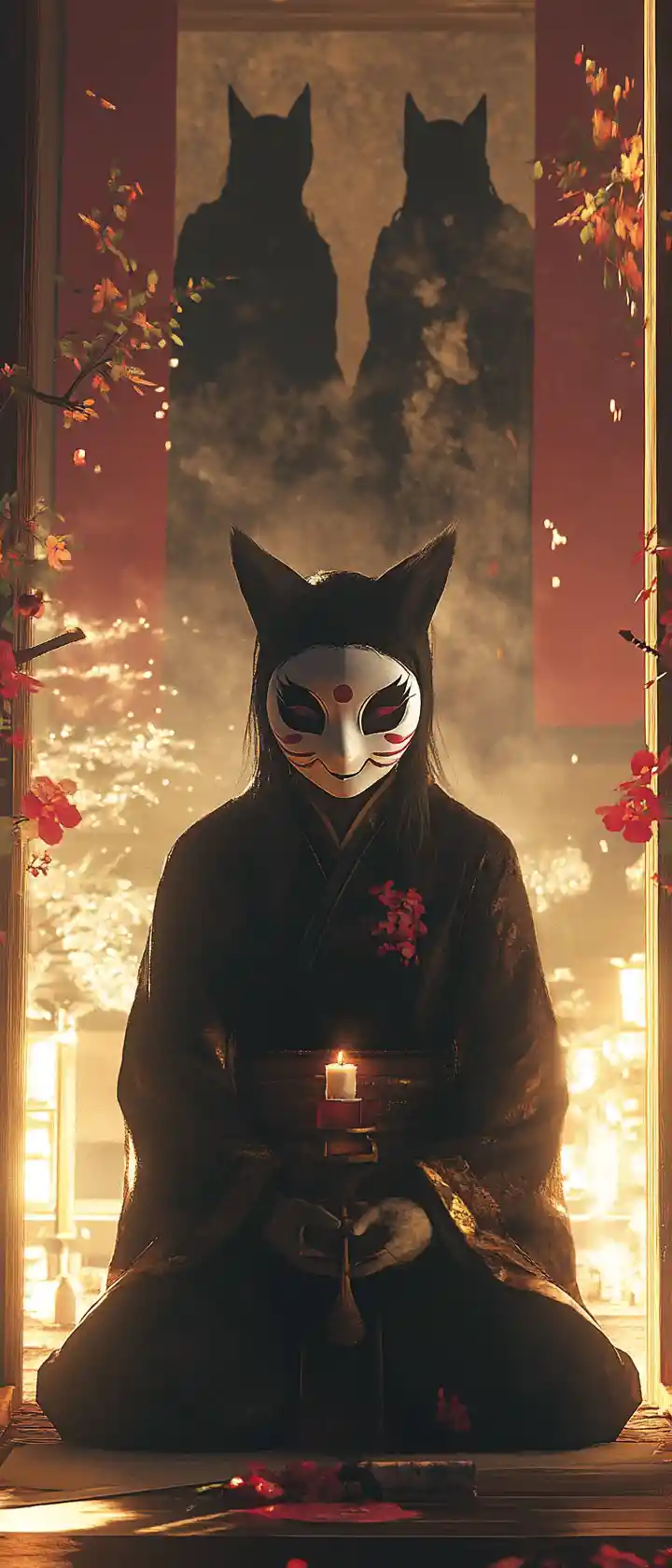 Anime kitsune at surreal shrine in soft candlelight