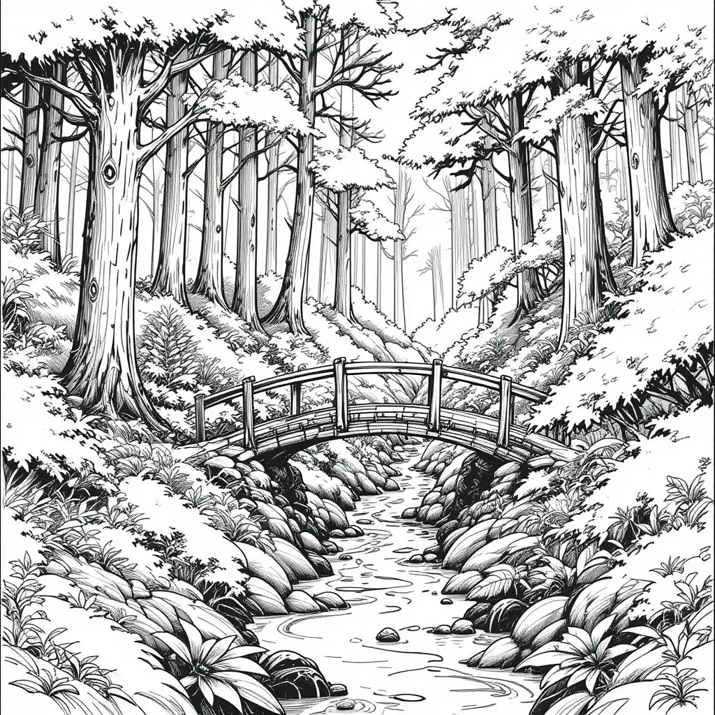 Peaceful forest bridge over a winding woodland stream