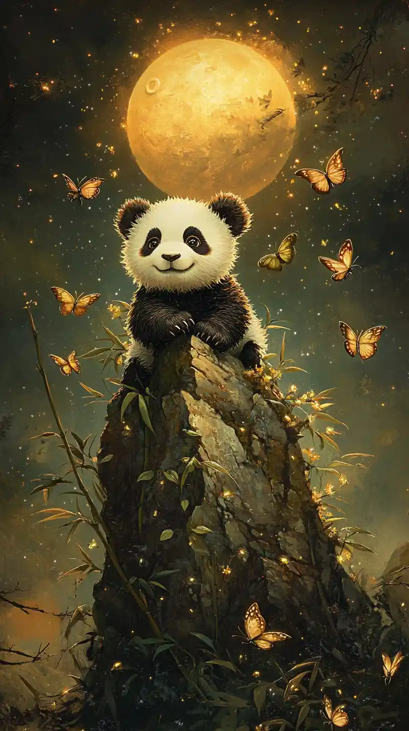 Adorable mini panda au sommet d’un bambou sous la lune dorée