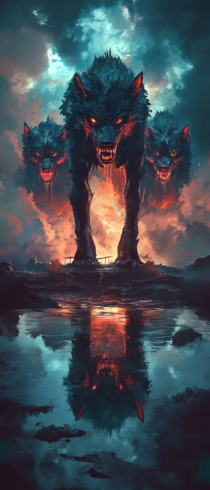 Anime Cerberus Guardian At A Misty Underworld Lake