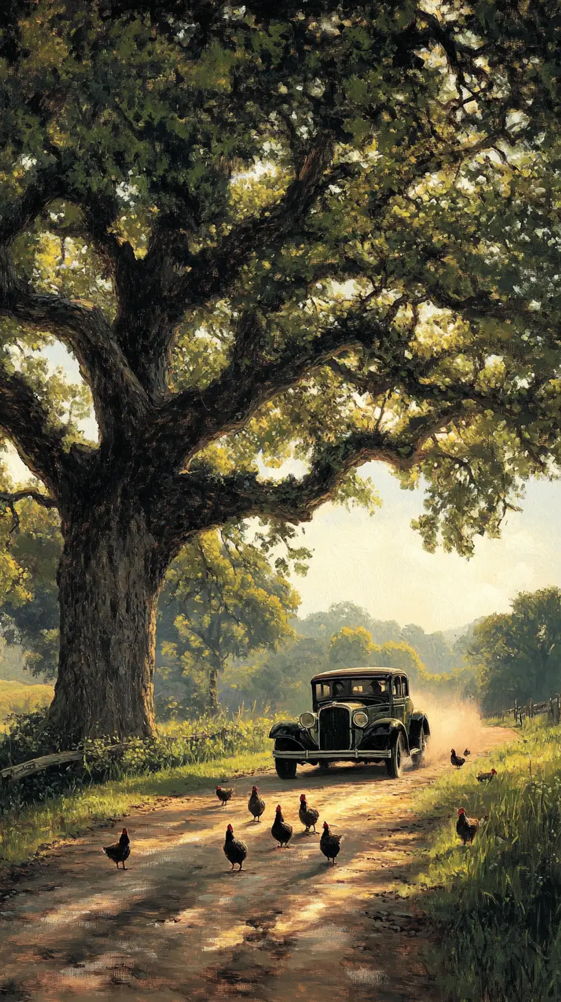 Old country oak tree with passing vintage car scene