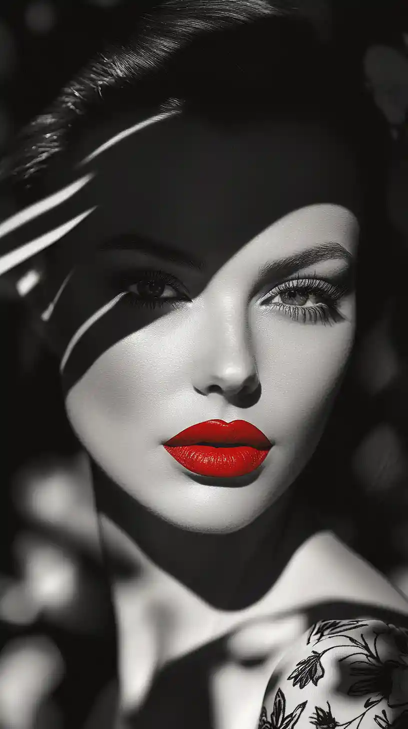 Black and white portrait of woman with red lips