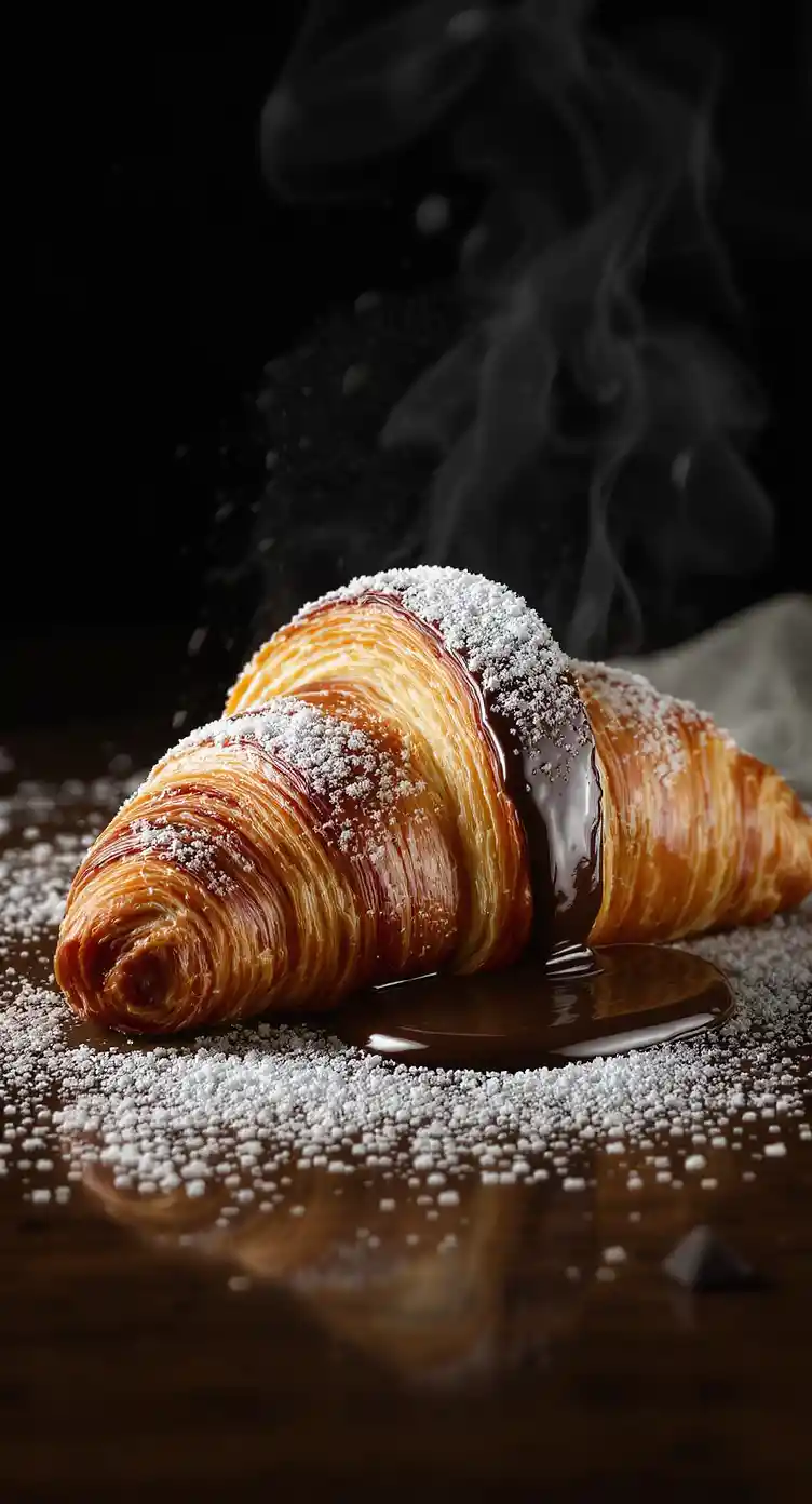 Fresh chocolate croissant with melting filling on board