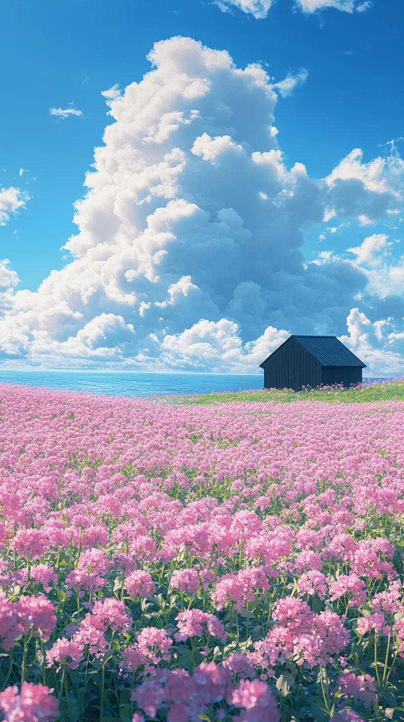 Pink flower field by a shed beside calm blue water