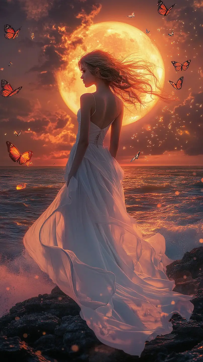 Woman in flowing white gown on moonlit coastline