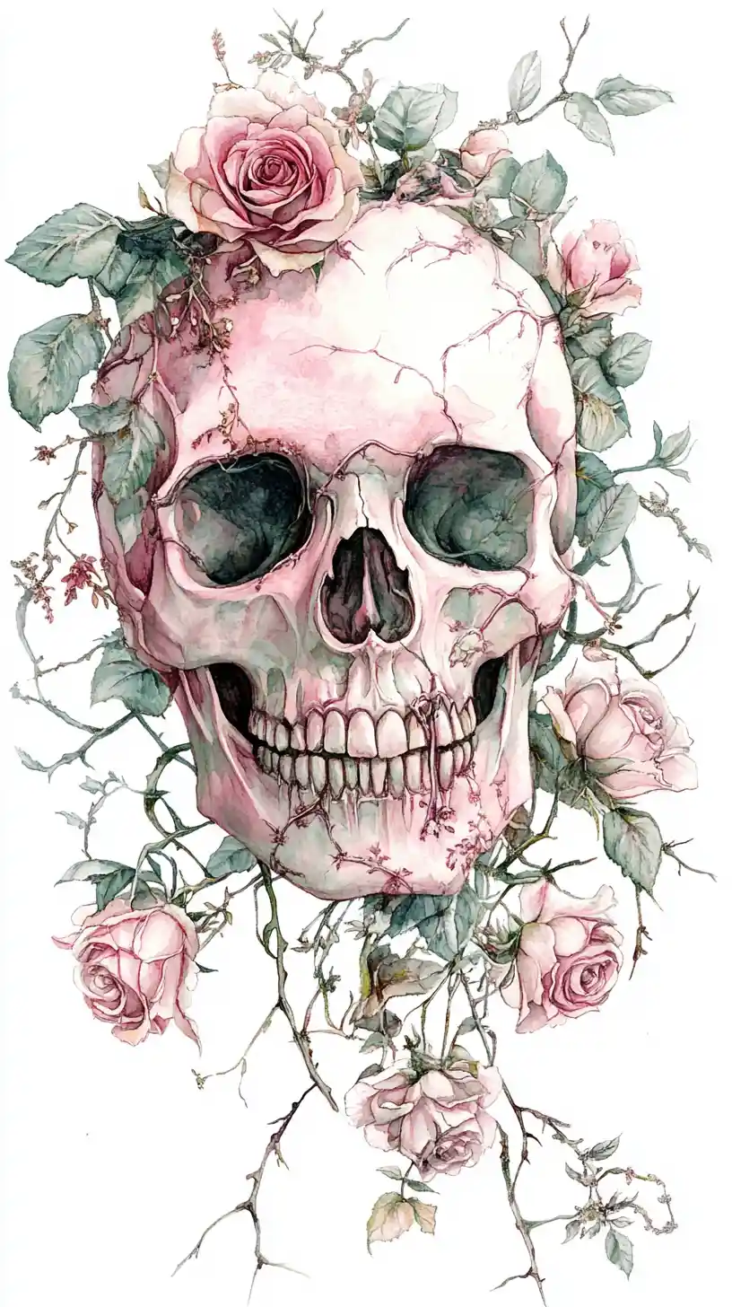 Watercolor floral skull with roses on white background
