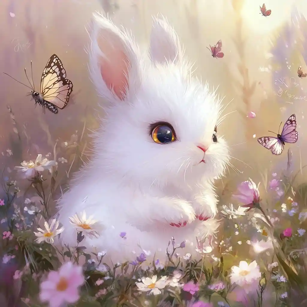 Cute white rabbit on a sunny flower meadow illustration