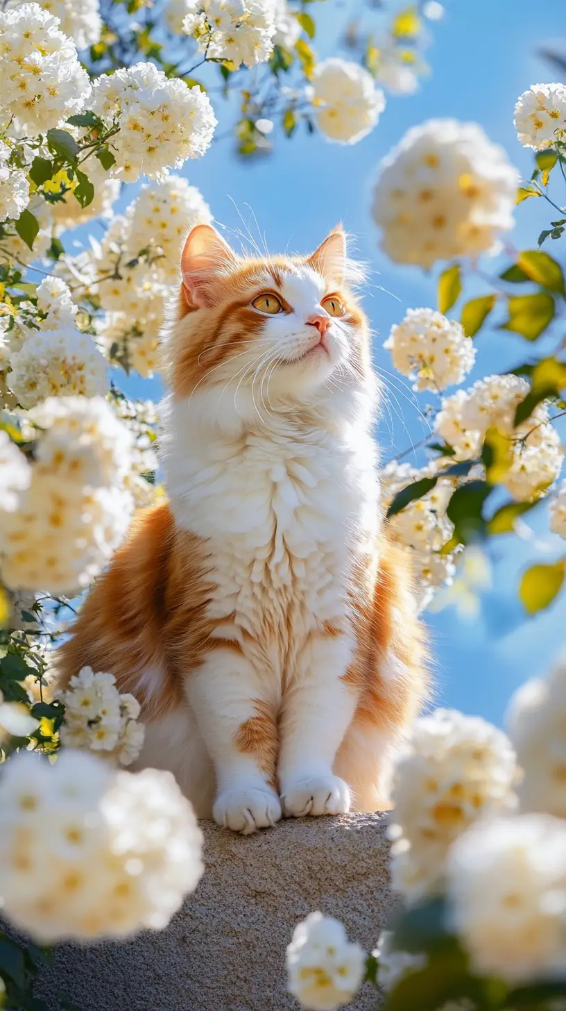 Cute orange cat on stone wall amid spring blossoms