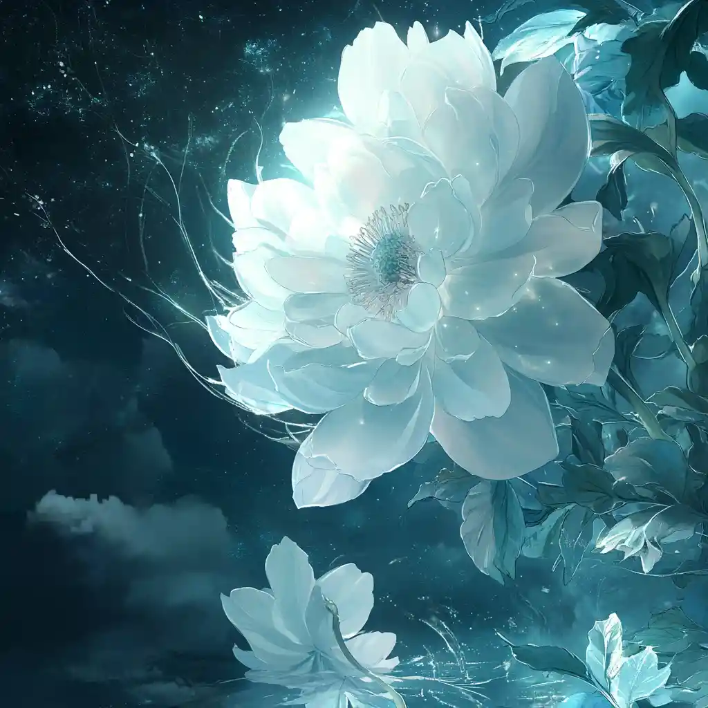 Moonlit flower reaching toward the glowing night sky