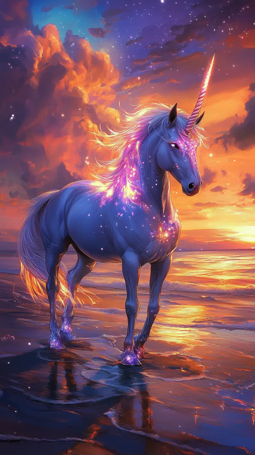 Glowing white horse with cosmic aura on colorful beach