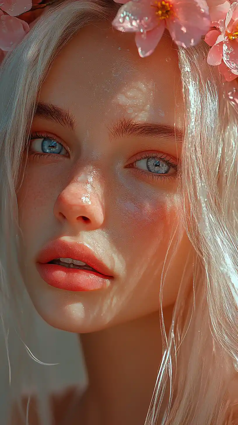 Close up portrait of girl with floral crown and blue eyes