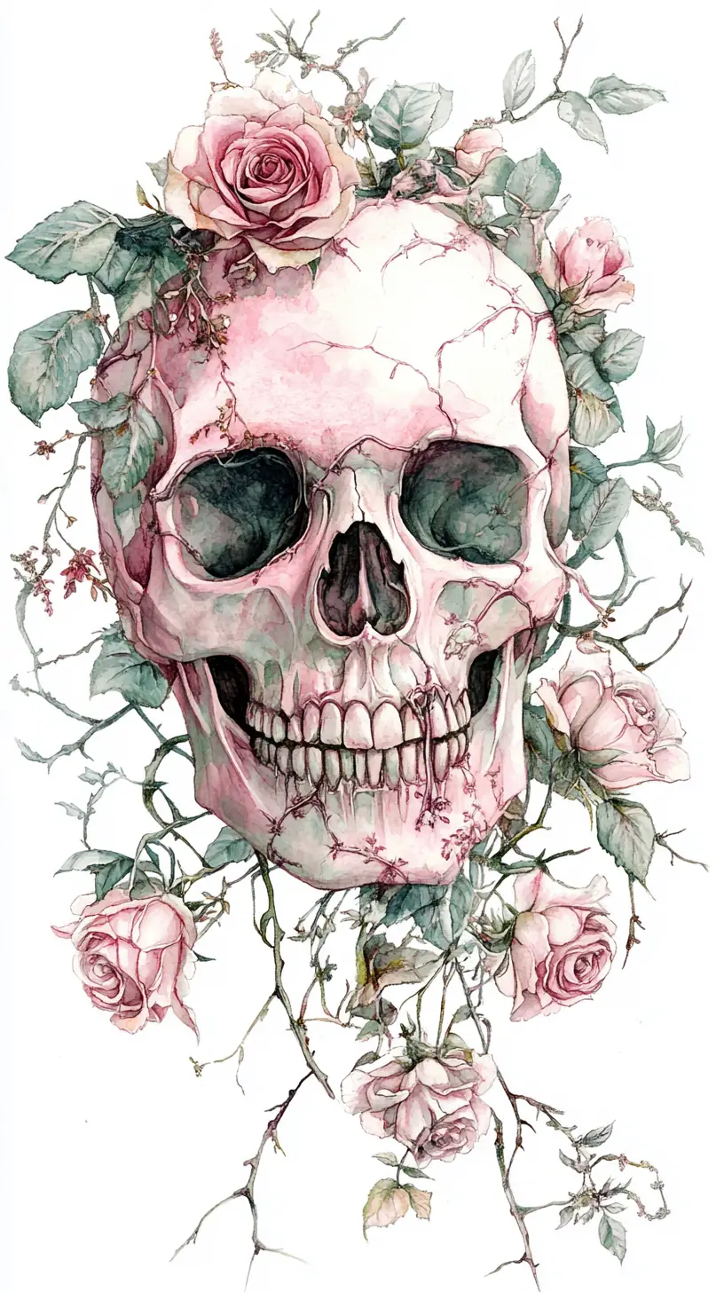 Watercolor floral skull with roses on white background