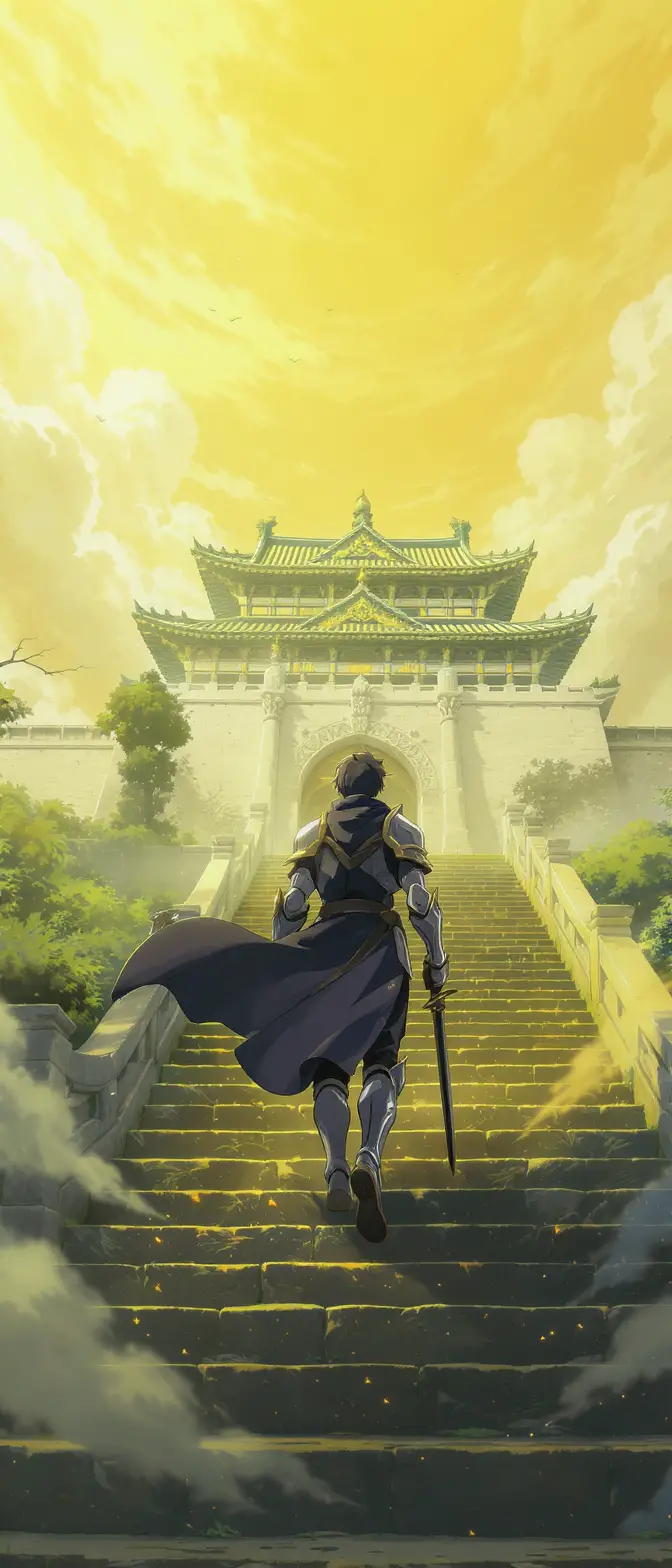 Anime knight ascending steps toward a distant green palace