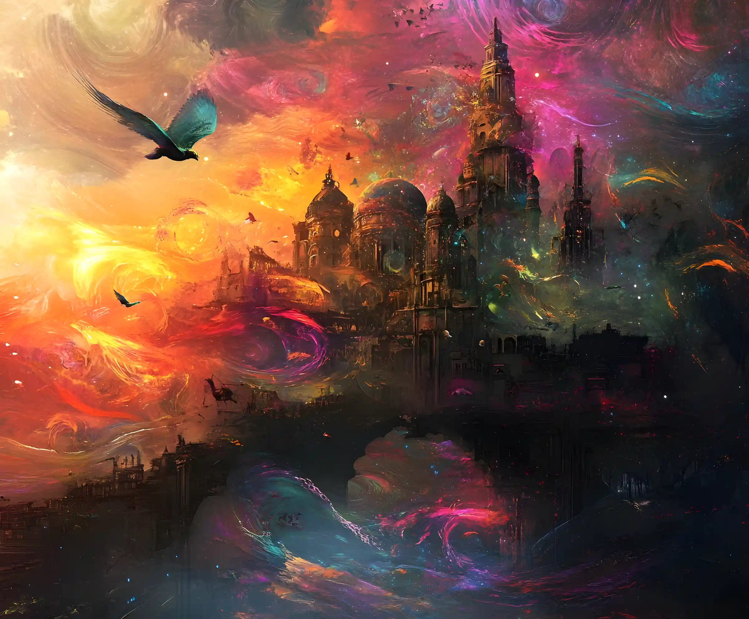 Surreal dreamscape with roaming fantasy creatures and abstract architecture