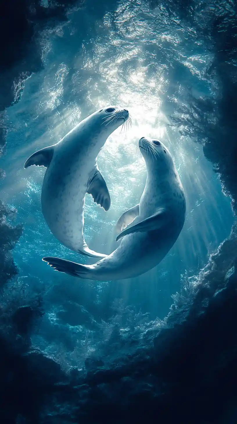 Two playful seals swimming in a sunlit underwater circle