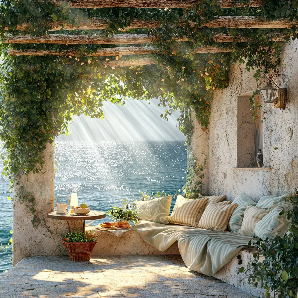 Cozy seaside tavern terrace with sofa and breakfast