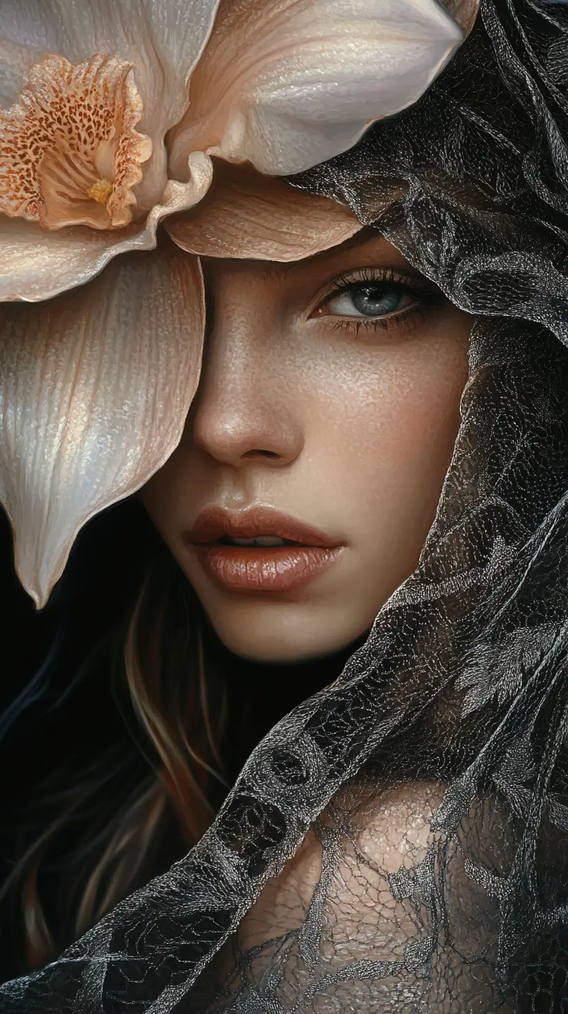 Mysterious veiled woman with orchid in dramatic close up