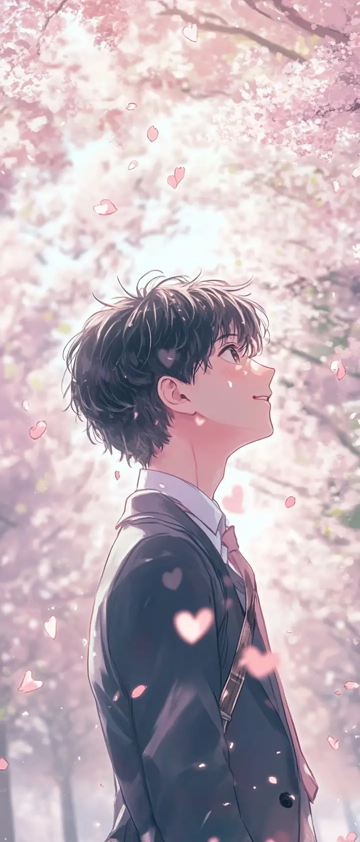 Shy high school boy under falling cherry blossoms