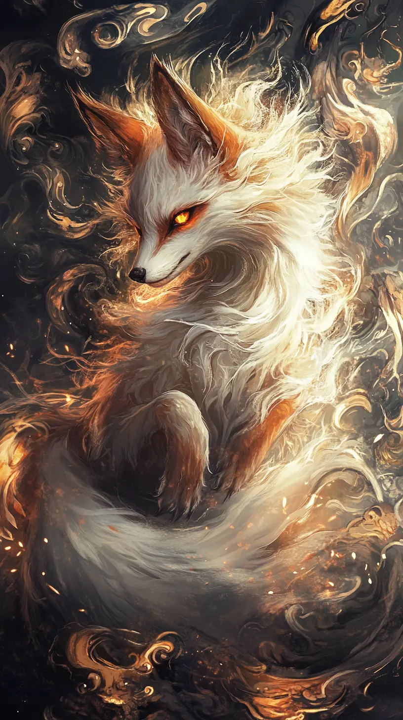 Mystical kitsune fox spirit in a fantasy landscape