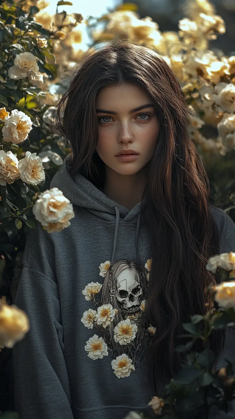 Young woman in hoodie with looming menacing robot