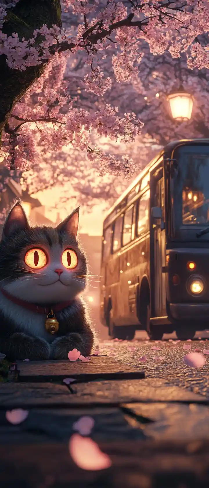 Giant cat bus resting under sakura tree at dusk