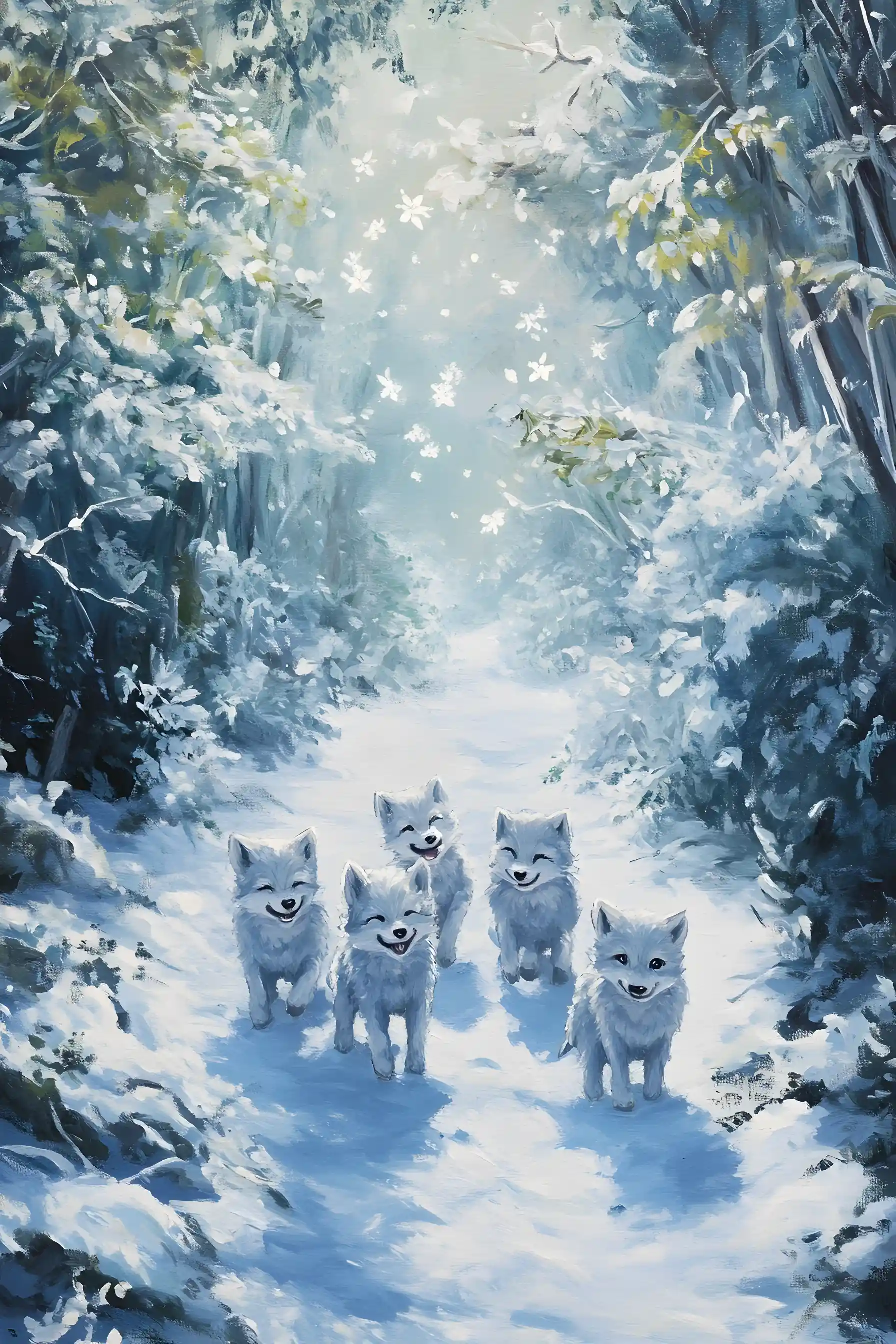 Cute wolf cubs playing on a snowy forest path