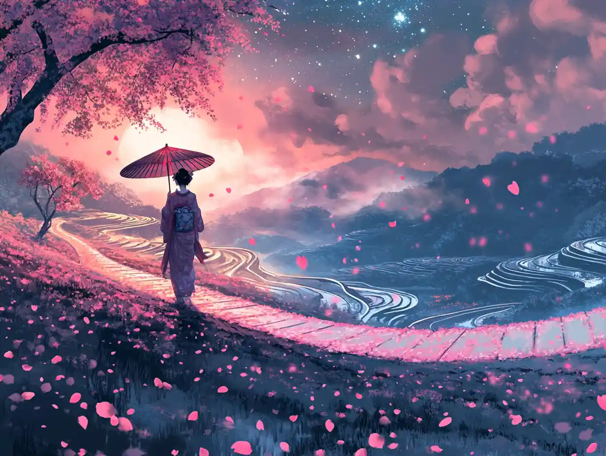 Geisha Walking Through Floating Sakura Petals At Night