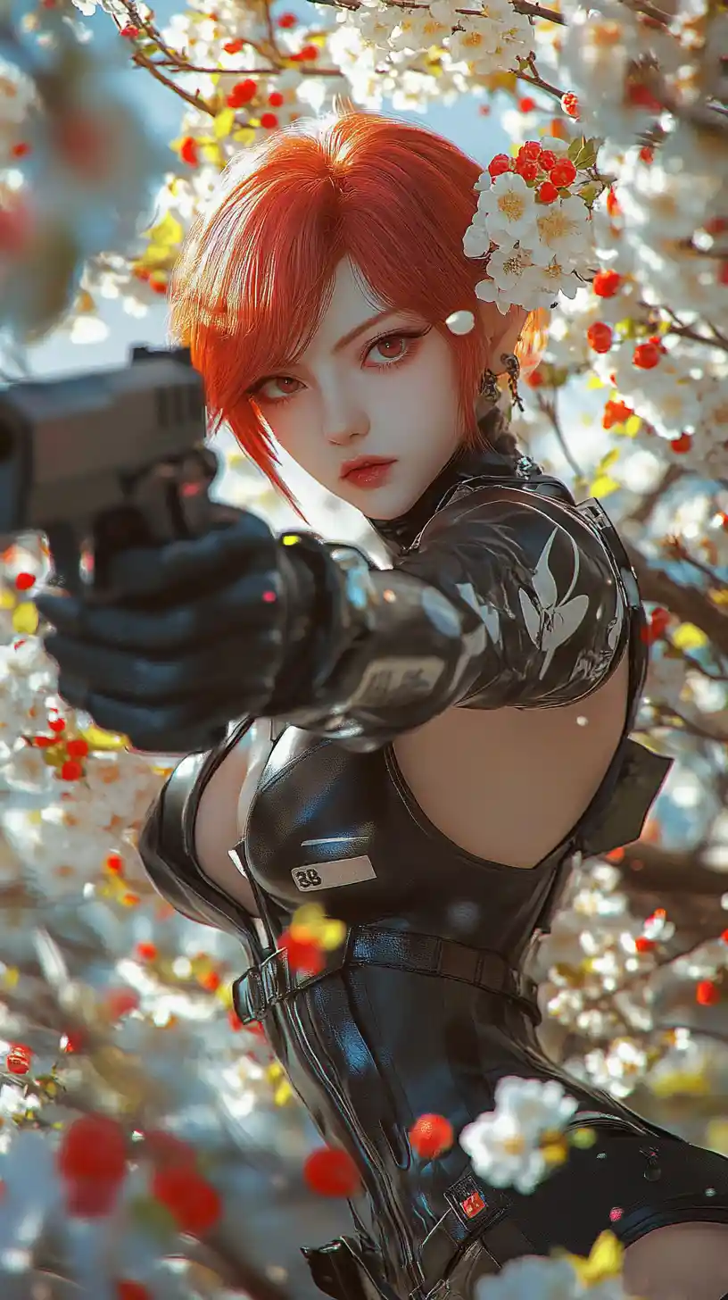 Anime woman aiming handgun in dynamic urban pose