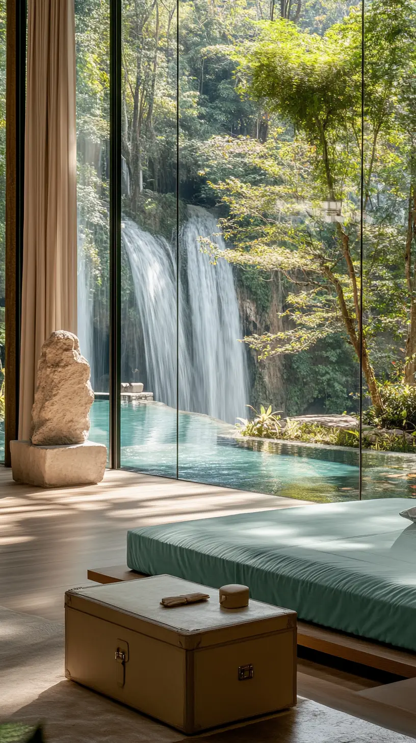 Minimalist bedroom overlooking rainforest waterfall pool