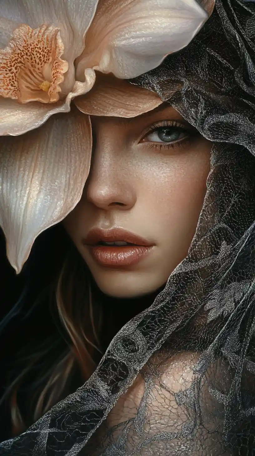 Mysterious veiled woman with orchid in dramatic close up