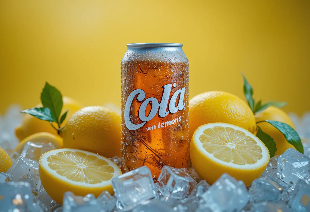 Chilled lemon cola can with ice and fresh citrus
