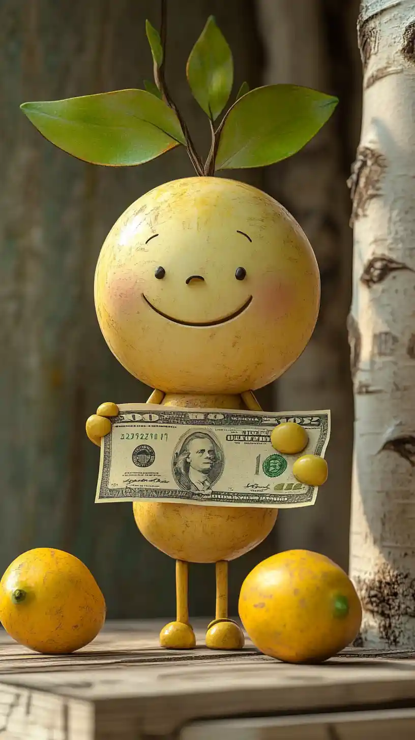 Simpatico personaggio 3D in stile cartoon con soldi e limoni